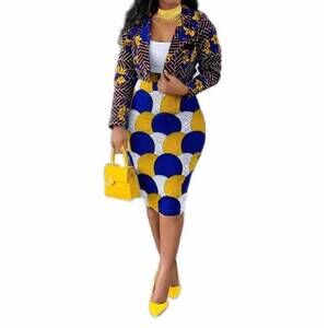 NEW METAMORPHOSIS fashion elegant printed african 2 piece skirt and blazer set i